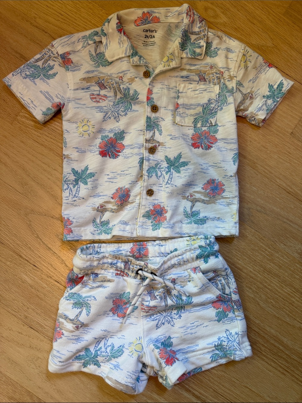 Carters toddler tropical beach short sleeve button down shirt and shorts. 2T
